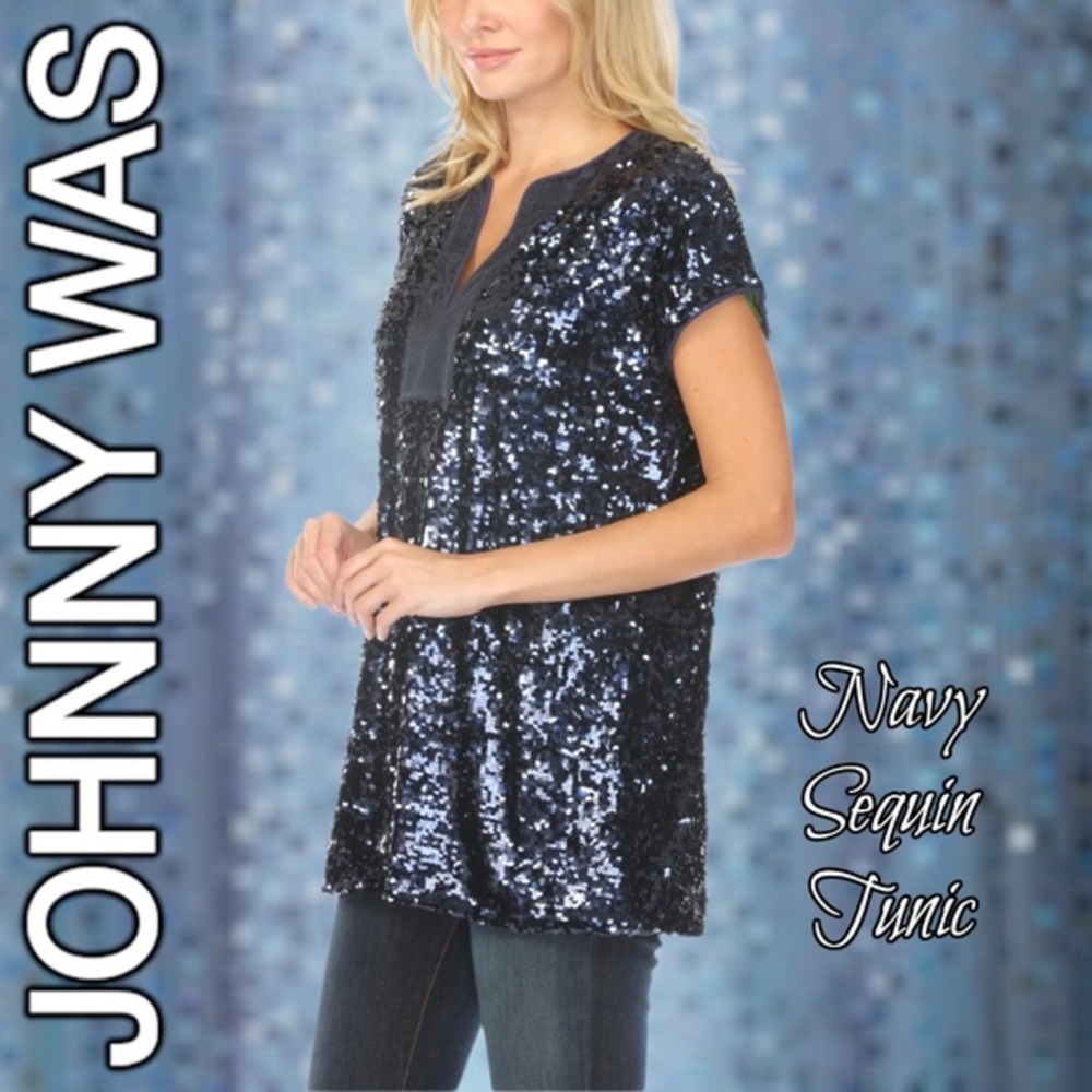 JOHNNY WAS Rena NAVY V-Neck Fully Lined Sequined Short Sleeve Tunic Top NWT/SM